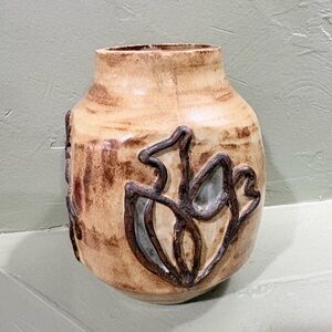 Handcrafted Cream and Brown Ceramic Vase with Decorative Relief